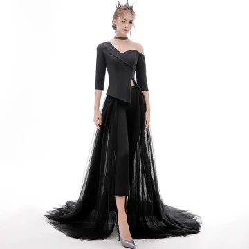 Mode Zwarte Jumpsuit 2020 Een Schouder 1 2 Mouwen Afneembaar Sweep Trein Ruche Ruglooze Avondjurken