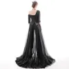 Fashion Black Jumpsuit 2020 One-Shoulder 1/2 Sleeves Detachable Sweep Train Ruffle Backless Evening Dresses