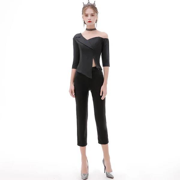 Fashion Black Jumpsuit 2020 One-Shoulder 1/2 Sleeves Detachable Sweep Train Ruffle Backless Evening Dresses