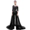 Fashion Black Jumpsuit 2020 One-Shoulder 1/2 Sleeves Detachable Sweep Train Ruffle Backless Evening Dresses