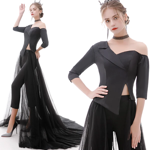 Fashion Black Jumpsuit 2020 One-Shoulder 1/2 Sleeves Detachable Sweep Train Ruffle Backless Evening Dresses