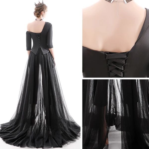 Fashion Black Jumpsuit 2020 One-Shoulder 1/2 Sleeves Detachable Sweep Train Ruffle Backless Evening Dresses