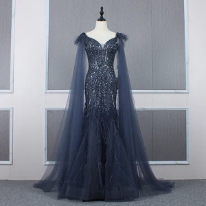 High End Navy Blue See Through Evening Dresses 2020 Trumpet Mermaid Spaghetti Straps Sleeveless Beading Feather Detachable Watteau Train Ruffle Backless Formal Dresses