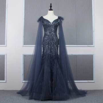 High End Navy Blue See Through Evening Dresses 2020 Trumpet Mermaid Spaghetti Straps Sleeveless Beading Feather Detachable Watteau Train Ruffle Backless Formal Dresses