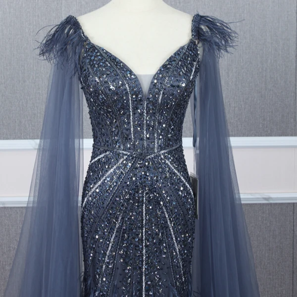 Haut de Gamme Bleu Marine Transparentes Robe De Soirée 2020 Trompette / Sirène Bretelles Spaghetti Sans Manches Perlage Plumes Détachable Watteau Train Volants Dos Nu Robe De Ceremonie