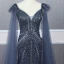 Haut de Gamme Bleu Marine Transparentes Robe De Soirée 2020 Trompette / Sirène Bretelles Spaghetti Sans Manches Perlage Plumes Détachable Watteau Train Volants Dos Nu Robe De Ceremonie