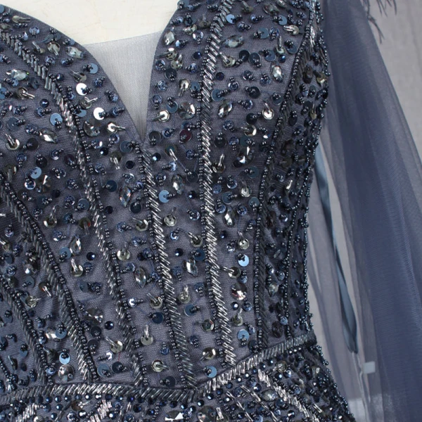 Haut de Gamme Bleu Marine Transparentes Robe De Soirée 2020 Trompette / Sirène Bretelles Spaghetti Sans Manches Perlage Plumes Détachable Watteau Train Volants Dos Nu Robe De Ceremonie