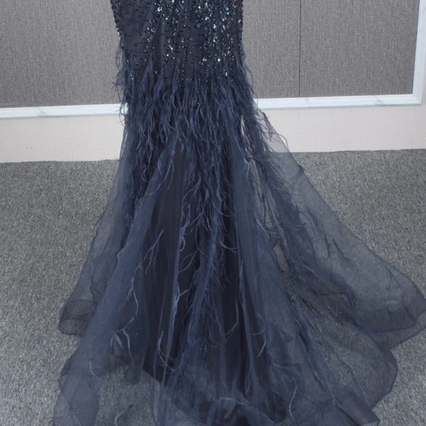 Haut de Gamme Bleu Marine Transparentes Robe De Soirée 2020 Trompette / Sirène Bretelles Spaghetti Sans Manches Perlage Plumes Détachable Watteau Train Volants Dos Nu Robe De Ceremonie