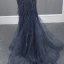 Haut de Gamme Bleu Marine Transparentes Robe De Soirée 2020 Trompette / Sirène Bretelles Spaghetti Sans Manches Perlage Plumes Détachable Watteau Train Volants Dos Nu Robe De Ceremonie