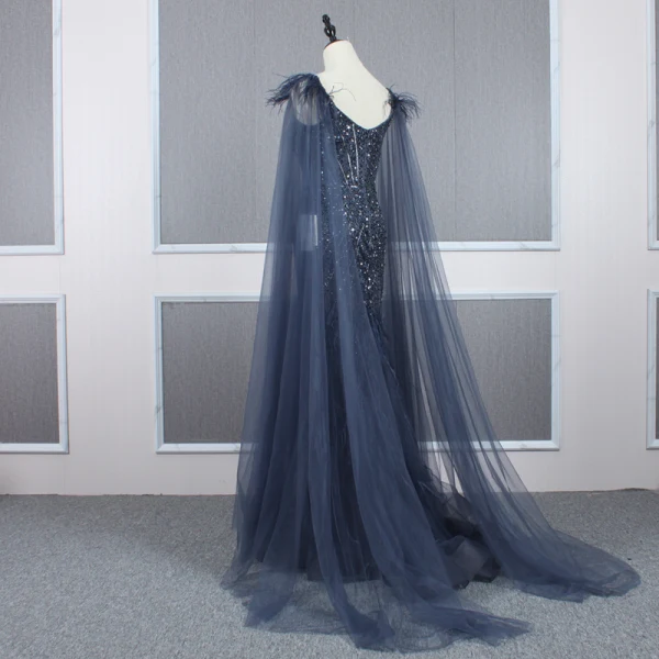 Haut de Gamme Bleu Marine Transparentes Robe De Soirée 2020 Trompette / Sirène Bretelles Spaghetti Sans Manches Perlage Plumes Détachable Watteau Train Volants Dos Nu Robe De Ceremonie