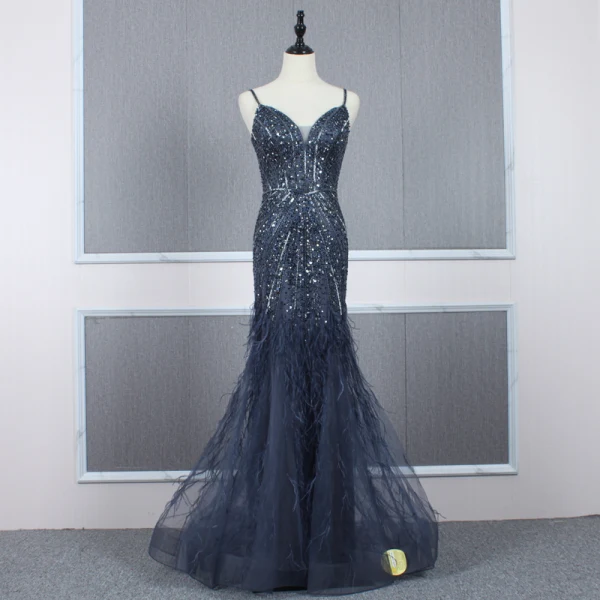 Haut de Gamme Bleu Marine Transparentes Robe De Soirée 2020 Trompette / Sirène Bretelles Spaghetti Sans Manches Perlage Plumes Détachable Watteau Train Volants Dos Nu Robe De Ceremonie