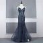 Haut de Gamme Bleu Marine Transparentes Robe De Soirée 2020 Trompette / Sirène Bretelles Spaghetti Sans Manches Perlage Plumes Détachable Watteau Train Volants Dos Nu Robe De Ceremonie
