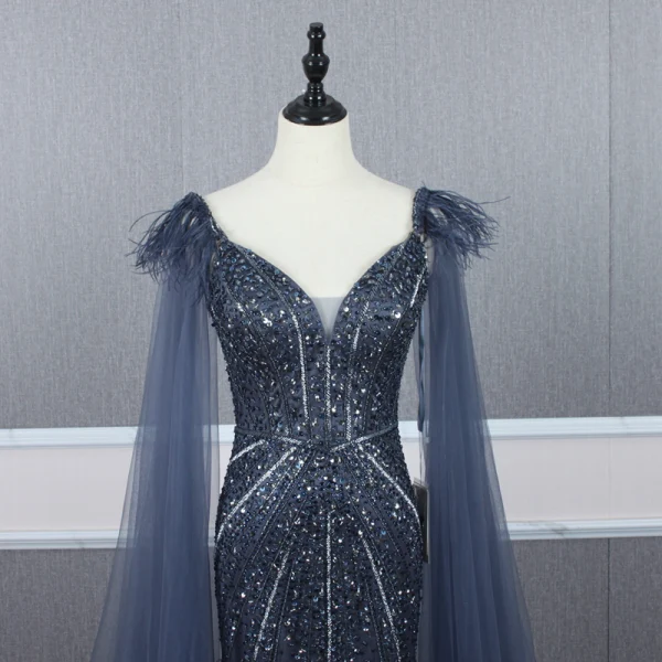 Haut de Gamme Bleu Marine Transparentes Robe De Soirée 2020 Trompette / Sirène Bretelles Spaghetti Sans Manches Perlage Plumes Détachable Watteau Train Volants Dos Nu Robe De Ceremonie