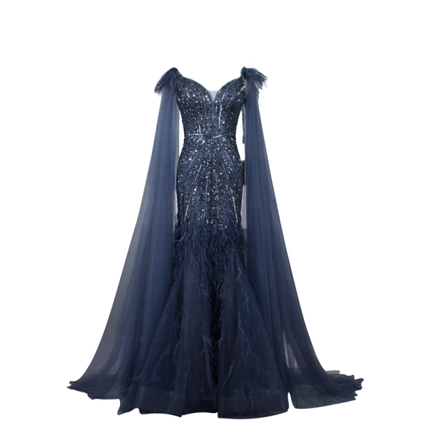 Haut de Gamme Bleu Marine Transparentes Robe De Soirée 2020 Trompette / Sirène Bretelles Spaghetti Sans Manches Perlage Plumes Détachable Watteau Train Volants Dos Nu Robe De Ceremonie