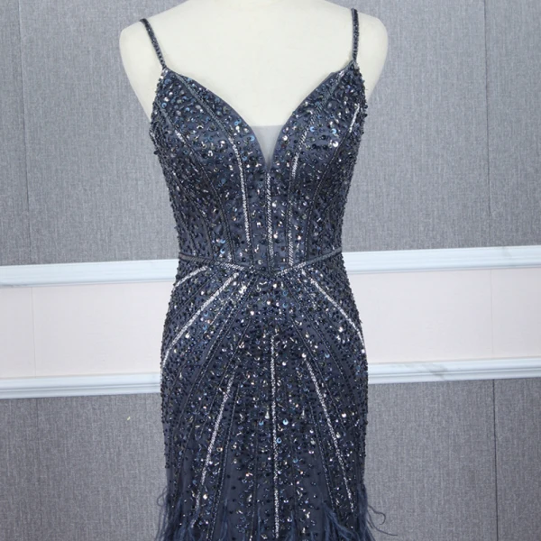 Haut de Gamme Bleu Marine Transparentes Robe De Soirée 2020 Trompette / Sirène Bretelles Spaghetti Sans Manches Perlage Plumes Détachable Watteau Train Volants Dos Nu Robe De Ceremonie