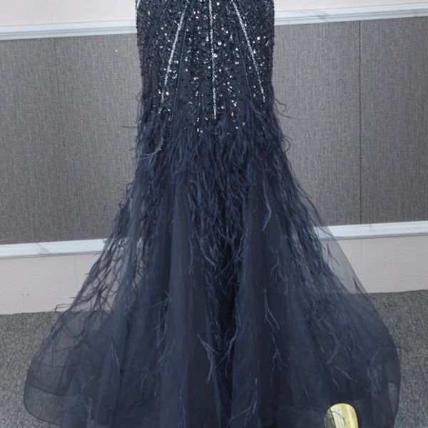 Haut de Gamme Bleu Marine Transparentes Robe De Soirée 2020 Trompette / Sirène Bretelles Spaghetti Sans Manches Perlage Plumes Détachable Watteau Train Volants Dos Nu Robe De Ceremonie