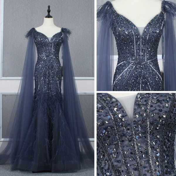 Haut de Gamme Bleu Marine Transparentes Robe De Soirée 2020 Trompette / Sirène Bretelles Spaghetti Sans Manches Perlage Plumes Détachable Watteau Train Volants Dos Nu Robe De Ceremonie