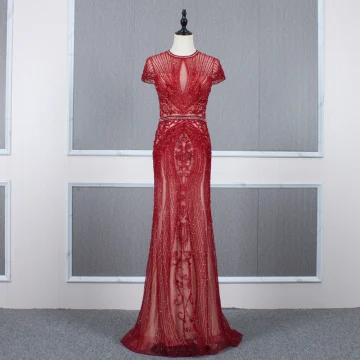 Luxe Rouge Transparentes Robe De Soirée 2020 Trompette Sirène Col Haut Manches Courtes Faux Diamant Perlage Train De Balayage Volants Robe De Ceremonie