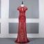 Luxe Rouge Transparentes Robe De Soirée 2020 Trompette / Sirène Col Haut Manches Courtes Faux Diamant Perlage Train De Balayage Volants Robe De Ceremonie
