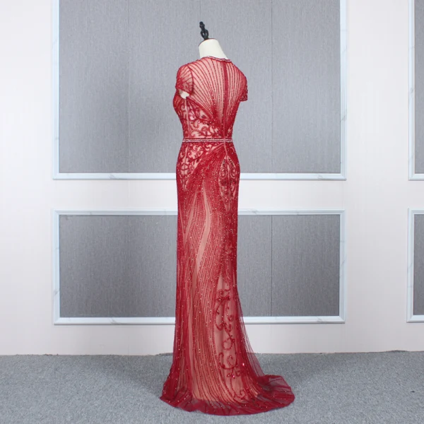 Luxe Rouge Transparentes Robe De Soirée 2020 Trompette / Sirène Col Haut Manches Courtes Faux Diamant Perlage Train De Balayage Volants Robe De Ceremonie