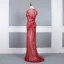 Luxe Rouge Transparentes Robe De Soirée 2020 Trompette / Sirène Col Haut Manches Courtes Faux Diamant Perlage Train De Balayage Volants Robe De Ceremonie