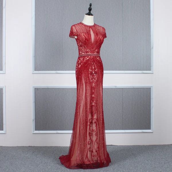 Luxe Rouge Transparentes Robe De Soirée 2020 Trompette / Sirène Col Haut Manches Courtes Faux Diamant Perlage Train De Balayage Volants Robe De Ceremonie