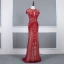 Luxe Rouge Transparentes Robe De Soirée 2020 Trompette / Sirène Col Haut Manches Courtes Faux Diamant Perlage Train De Balayage Volants Robe De Ceremonie