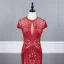 Luxe Rouge Transparentes Robe De Soirée 2020 Trompette / Sirène Col Haut Manches Courtes Faux Diamant Perlage Train De Balayage Volants Robe De Ceremonie