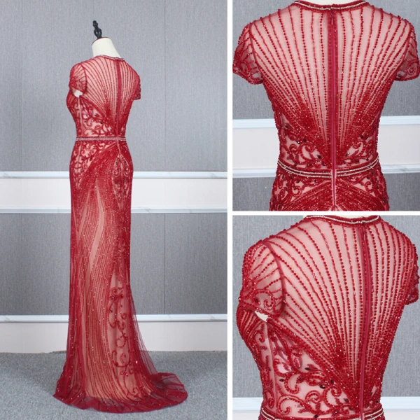 Luxe Rouge Transparentes Robe De Soirée 2020 Trompette / Sirène Col Haut Manches Courtes Faux Diamant Perlage Train De Balayage Volants Robe De Ceremonie