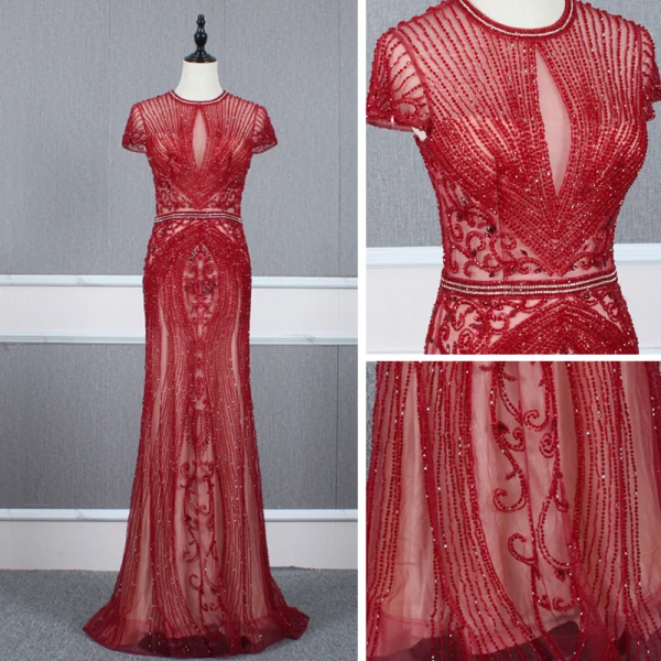 Luxe Rouge Transparentes Robe De Soirée 2020 Trompette / Sirène Col Haut Manches Courtes Faux Diamant Perlage Train De Balayage Volants Robe De Ceremonie