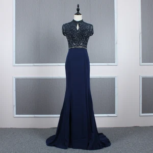 Haut De Gamme Bleu Marine Transparentes Robe De Soirée 2020 Trompette Sirène Col Haut Manches Courtes Perlage Train De Balayage Volants Dos Nu Robe De Ceremonie