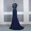 High End Marineblau Durchsichtige Abendkleider 2020 Meerjungfrau Stehkragen Kurze Ärmel Perlenstickerei Sweep / Pinsel Zug Rüschen Rückenfreies Festliche Kleider