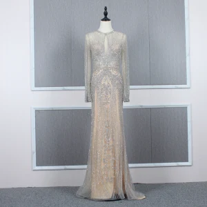 High End Champagne Grey See Through Evening Dresses 2020 Trumpet Mermaid Scoop Neck Long Sleeve Handmade Beading Sweep Train Formal Dresses