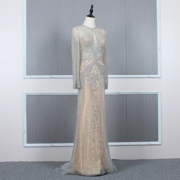 Haut de Gamme Champagne Gris Transparentes Robe De Soirée 2020 Trompette / Sirène Encolure Dégagée Manches Longues Fait main Perlage Train De Balayage Robe De Ceremonie