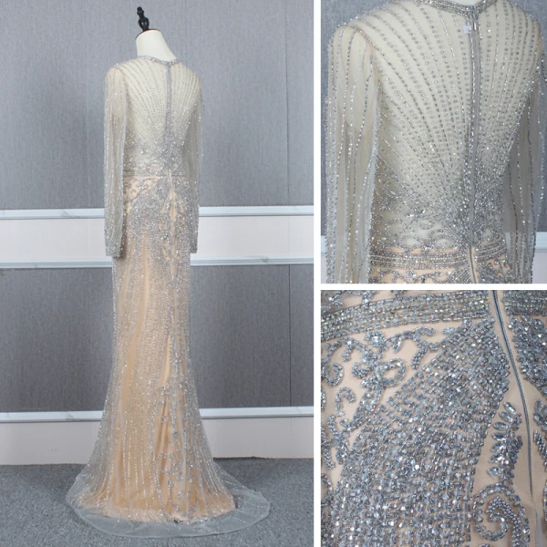 Haut de Gamme Champagne Gris Transparentes Robe De Soirée 2020 Trompette / Sirène Encolure Dégagée Manches Longues Fait main Perlage Train De Balayage Robe De Ceremonie