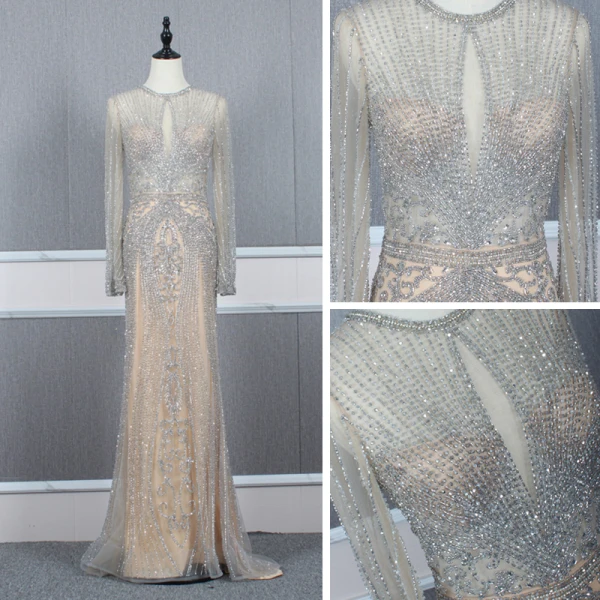 Haut de Gamme Champagne Gris Transparentes Robe De Soirée 2020 Trompette / Sirène Encolure Dégagée Manches Longues Fait main Perlage Train De Balayage Robe De Ceremonie