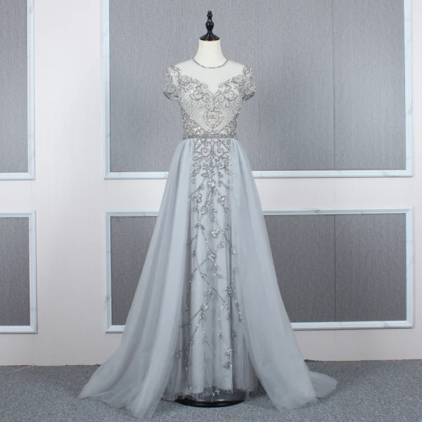 Haut de Gamme Rouge Transparentes Robe De Soirée 2020 Princesse Encolure Dégagée Manches Courtes Perlage Train De Balayage Volants Robe De Ceremonie