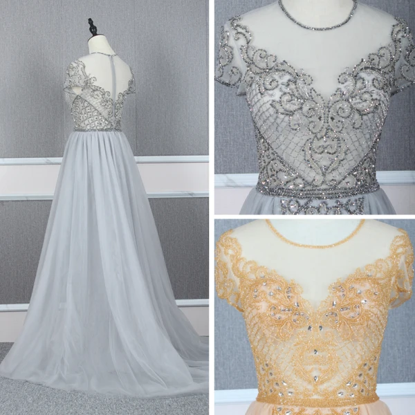 Haut de Gamme Rouge Transparentes Robe De Soirée 2020 Princesse Encolure Dégagée Manches Courtes Perlage Train De Balayage Volants Robe De Ceremonie