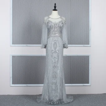 Haut De Gamme Argenté Transparentes Robe De Soirée 2020 Trompette Sirène Encolure Dégagée Manches De Cloche Fait Main Perlage Train De Balayage Robe De Ceremonie