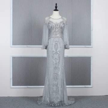 Haut De Gamme Argenté Transparentes Robe De Soirée 2020 Trompette Sirène Encolure Dégagée Manches De Cloche Fait Main Perlage Train De Balayage Robe De Ceremonie
