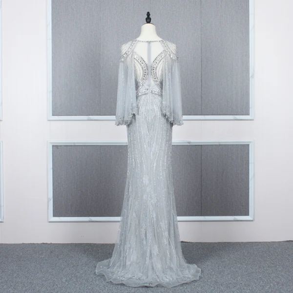 High End Silber Durchsichtige Abendkleider 2020 Meerjungfrau Rundhalsausschnitt Glockenhülsen Handgefertigt Perlenstickerei Sweep / Pinsel Zug Festliche Kleider