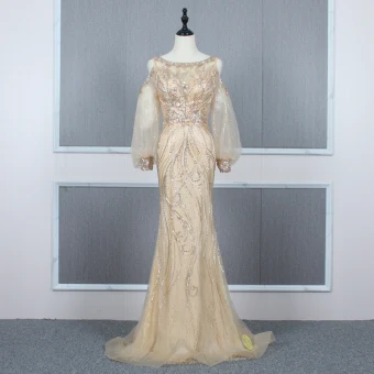 High End Gold See Through Evening Dresses 2020 Trumpet Mermaid Scoop Neck Puffy Long Sleeve Beading Sweep Train Ruffle Formal Dresses