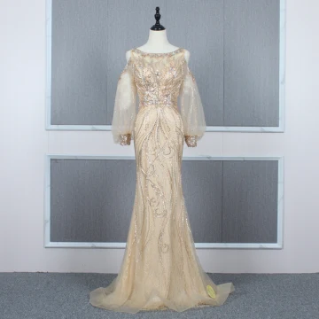 Haut De Gamme Doré Transparentes Robe De Soirée 2020 Trompette Sirène Encolure Dégagée Gonflée Manches Longues Perlage Train De Balayage Volants Robe De Ceremonie