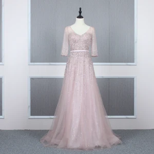 Haut De Gamme Rougissant Rose Robe De Soirée 2020 Princesse V Cou 3 4 Manches Paillettes Perlage Ceinture Train De Balayage Volants Dos Nu Robe De Ceremonie