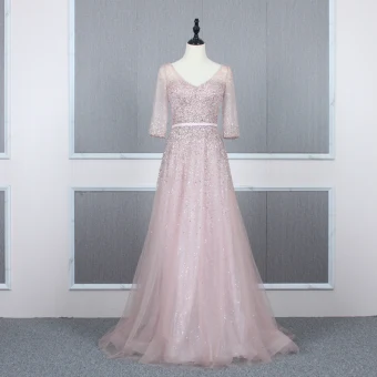 Haut De Gamme Rougissant Rose Robe De Soirée 2020 Princesse V Cou 3 4 Manches Paillettes Perlage Ceinture Train De Balayage Volants Dos Nu Robe De Ceremonie