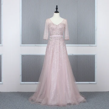 Haut De Gamme Rougissant Rose Robe De Soirée 2020 Princesse V Cou 3 4 Manches Paillettes Perlage Ceinture Train De Balayage Volants Dos Nu Robe De Ceremonie