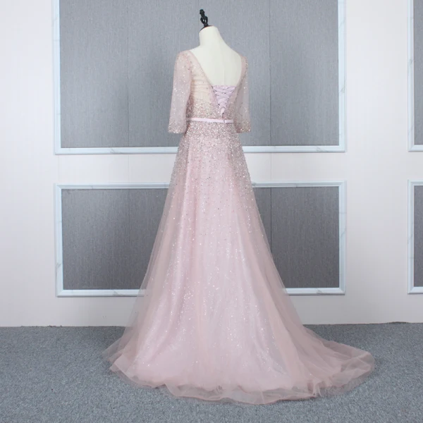 High End Rosa Abendkleider 2020 A Linie V-Ausschnitt 3/4 Ärmel Pailletten Perlenstickerei Stoffgürtel Sweep / Pinsel Zug Rüschen Rückenfreies Festliche Kleider