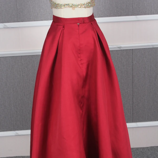 2 Piece Red Gold Satin Evening Dresses  2020 A-Line / Princess Scoop Neck Sleeveless Sequins Beading Floor-Length / Long Ruffle Backless Formal Dresses
