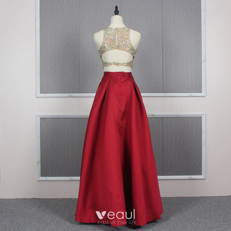 Red and gold on sale two piece prom dress