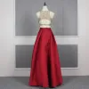 2 Piece Red Gold Satin Evening Dresses  2020 A-Line / Princess Scoop Neck Sleeveless Sequins Beading Floor-Length / Long Ruffle Backless Formal Dresses